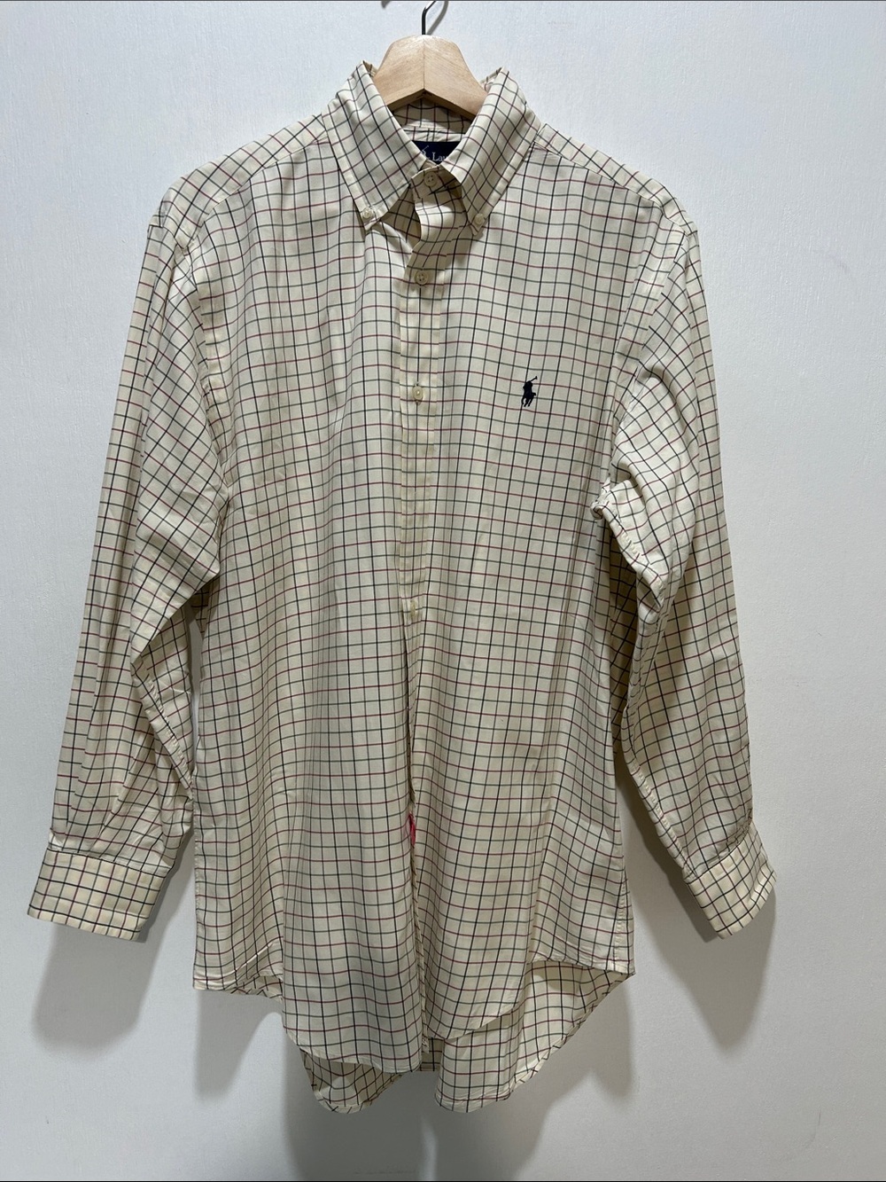 Ralph Lauren Mens Cream Windowpane Button-Down Classic Fit Shirt Sz Small